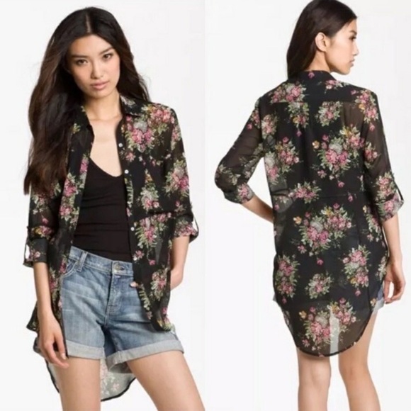 Line & Dot Black Floral Semi Sheer Oversized Top - Picture 1 of 9